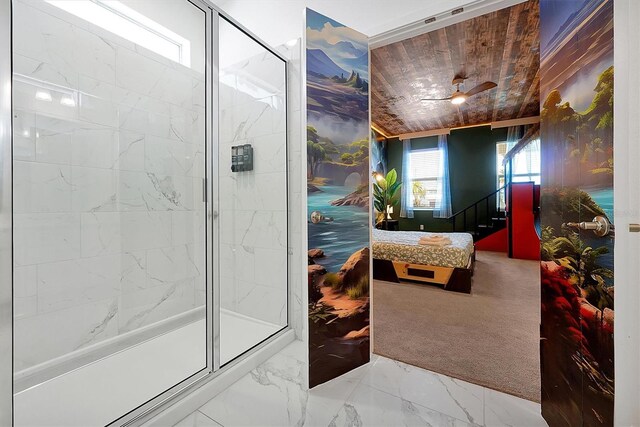 3860 Sonoma Blvd, Kissimmee, FL 34741 - ensuite bathroom with a marble finish shower, ceiling fan, and marble finish flooring