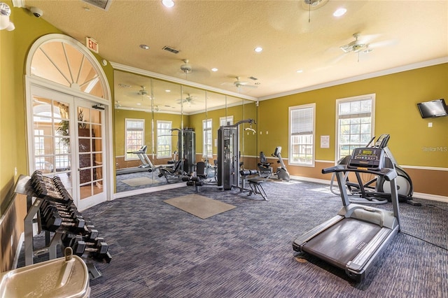 3309 Wilshire Way Rd Unit 3, Orlando, FL 32829 - gym featuring carpet flooring, crown molding, recessed lighting, a textured ceiling, and a ceiling fan