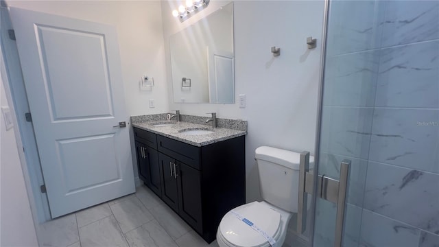 3315 W Montgomery Ln, Citrus Springs, FL 34433 - bathroom featuring toilet, double vanity, a stall shower, and marble finish floors