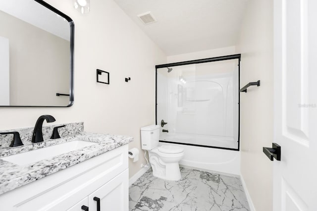 309 Black Springs Ln, Winter Garden, FL 34787 - bathroom with baseboards, marble look tiles, vanity, toilet, and bath / shower combo with glass door
