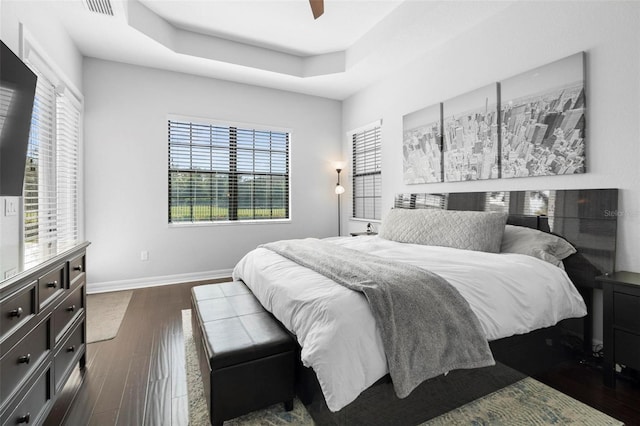 8312 Prestbury Dr, Orlando, FL 32832 - bedroom featuring multiple windows, dark wood finished floors, baseboards, and a tray ceiling
