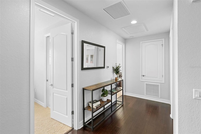 8312 Prestbury Dr, Orlando, FL 32832 - corridor featuring attic access, baseboards, dark wood-style flooring, and recessed lighting