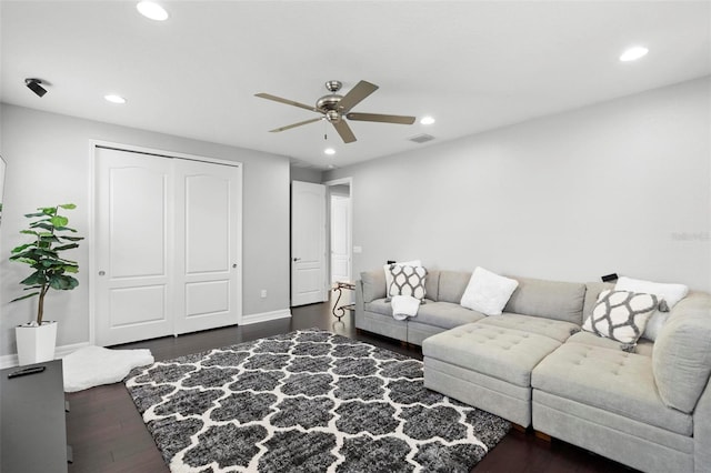 8312 Prestbury Dr, Orlando, FL 32832 - living room with a ceiling fan, recessed lighting, dark wood finished floors, and baseboards