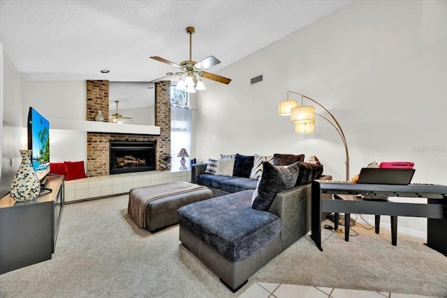 2900 Hammock Dr, Plant City, FL 33566 - living area with carpet flooring, a ceiling fan, a fireplace, and high vaulted ceiling