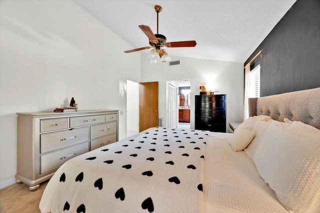 2900 Hammock Dr, Plant City, FL 33566 - bedroom featuring light carpet, ceiling fan, high vaulted ceiling, and ensuite bath