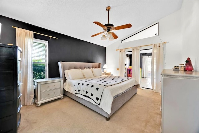 2900 Hammock Dr, Plant City, FL 33566 - bedroom featuring light colored carpet, access to outside, vaulted ceiling, and a ceiling fan