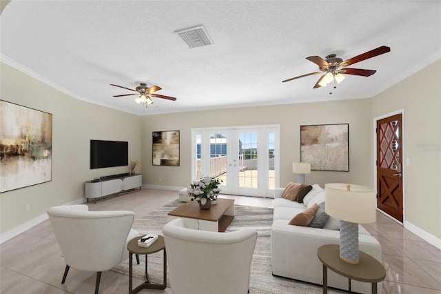 181 W Minnehaha Ave, Clermont, FL 34711 - living room featuring a ceiling fan, crown molding, french doors, baseboards, and light tile patterned flooring