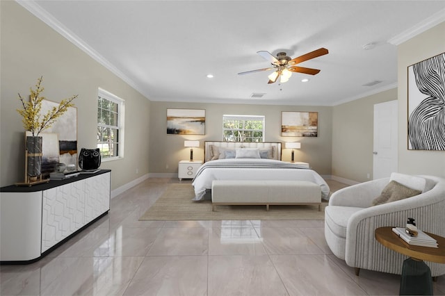 181 W Minnehaha Ave, Clermont, FL 34711 - bedroom featuring crown molding, baseboards, a ceiling fan, recessed lighting, and light marble finish floors