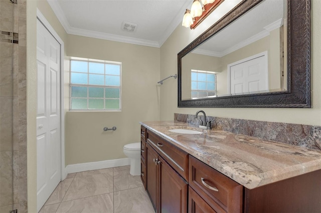 181 W Minnehaha Ave, Clermont, FL 34711 - bathroom with marble look tiles, healthy amount of natural light, toilet, vanity, and crown molding