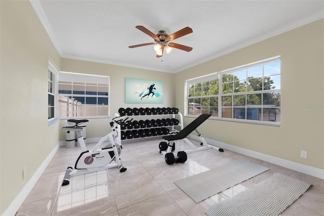 181 W Minnehaha Ave, Clermont, FL 34711 - workout room featuring ornamental molding, a ceiling fan, baseboards, and tile patterned flooring