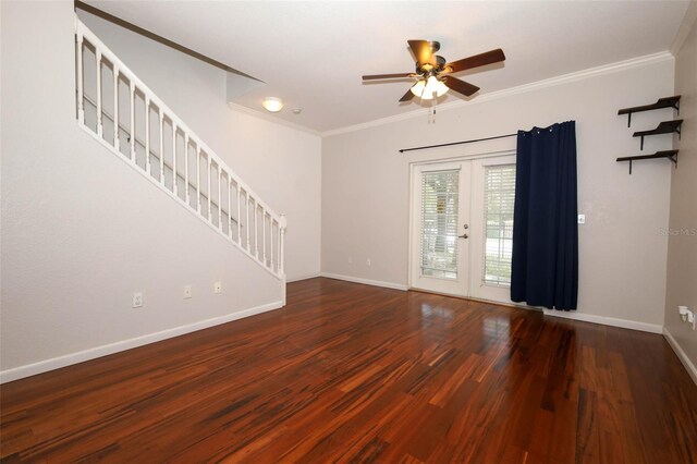 2493 Lancien Ct Unit 5, Orlando, FL 32826 - unfurnished room with stairs, wood finished floors, ceiling fan, ornamental molding, and french doors