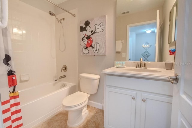 full bathroom with toilet, vanity, tile patterned floors, shower / bath combo with shower curtain, and baseboards