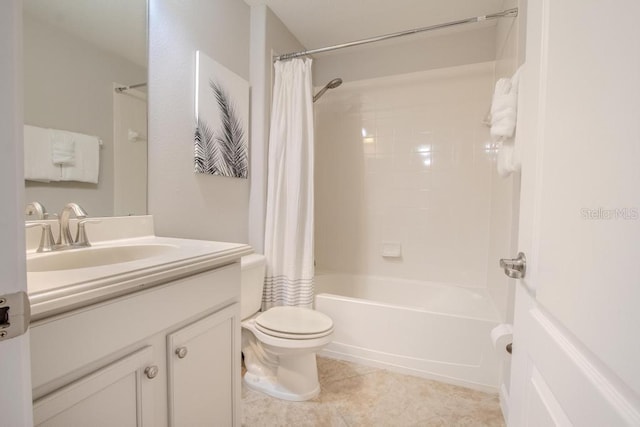 bathroom featuring toilet, vanity, tile patterned floors, and shower / tub combo with curtain