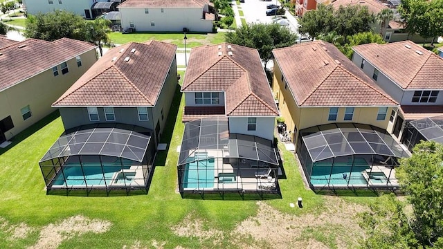 aerial perspective of suburban area with a pool