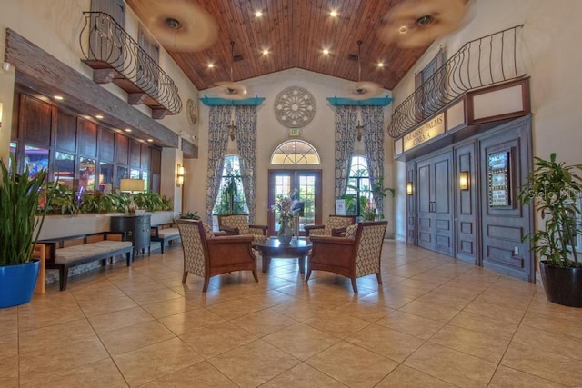 common area with high vaulted ceiling, wood ceiling, and recessed lighting