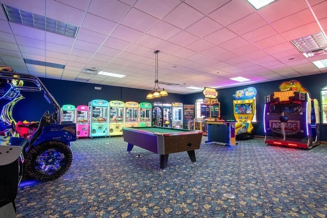 game room with carpet, billiards, and a paneled ceiling