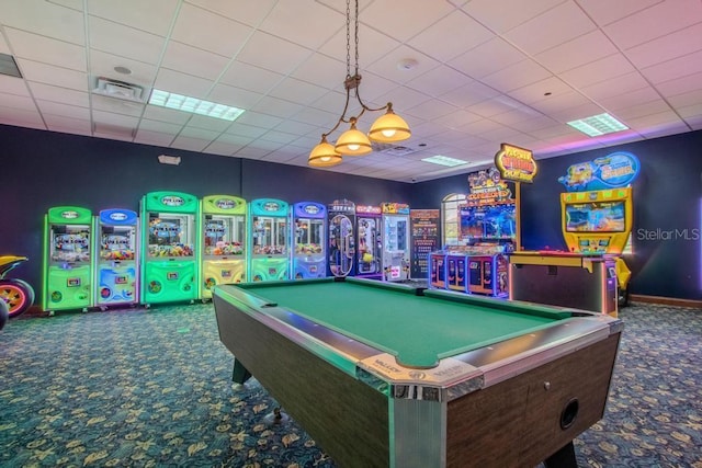 game room with billiards, carpet, and baseboards