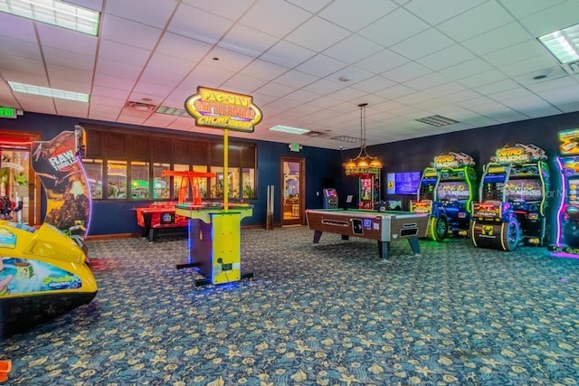 rec room featuring billiards, carpet, and a drop ceiling