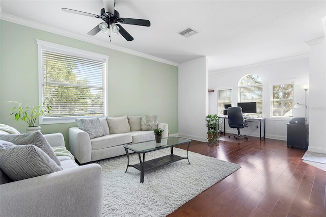 714 Home Grove Dr, Winter Garden, FL 34787 - living area featuring ornamental molding, an office area, dark wood-style flooring, ceiling fan, and baseboards