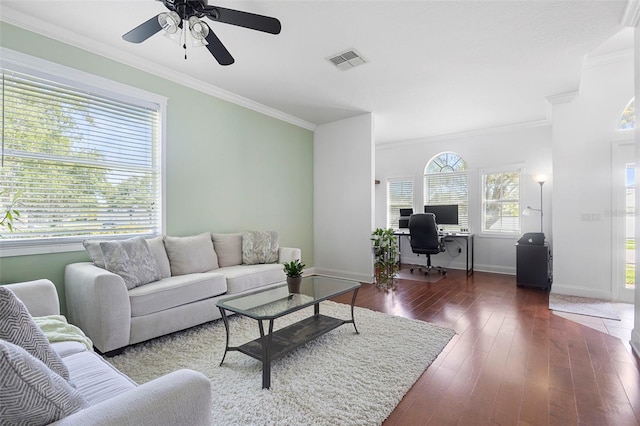 714 Home Grove Dr, Winter Garden, FL 34787 - living room with an office area, crown molding, a ceiling fan, hardwood / wood-style floors, and baseboards