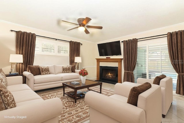 645 Peachwood Dr, Altamonte Springs, FL 32714 - living area with ceiling fan, light tile patterned floors, and a fireplace with flush hearth