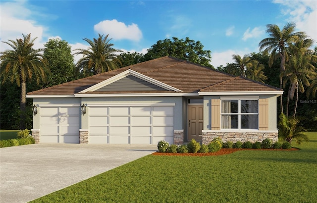 4246 Acoma Dr, Ormond Beach, FL 32174 - view of front of home with stone siding, a garage, a front lawn, and driveway