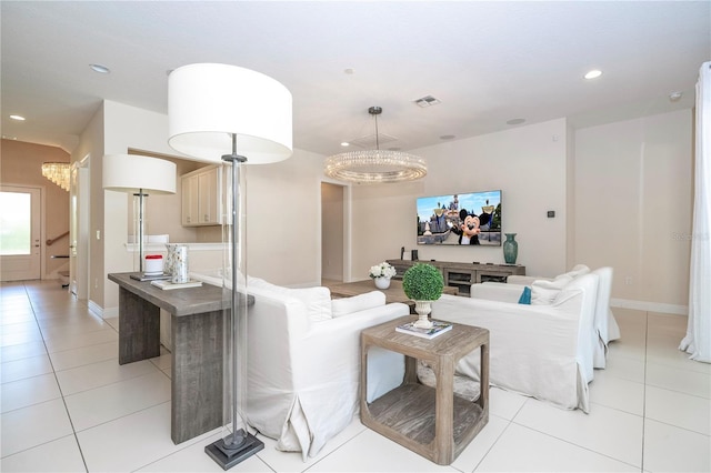 8419 Pippen Dr, Orlando, FL 32836 - living room with a chandelier, light tile patterned floors, recessed lighting, and baseboards