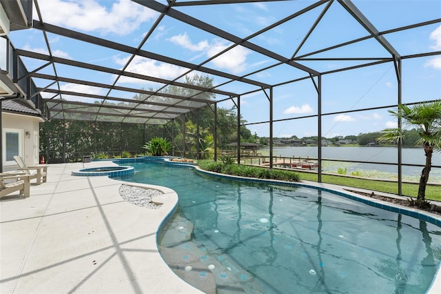 4536 N Landmark Dr, Orlando, FL 32817 - view of pool featuring a water view, a patio, a pool with connected hot tub, and a lanai
