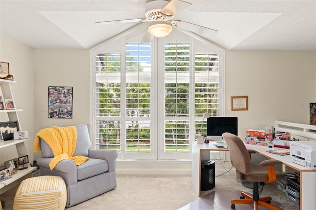 4536 N Landmark Dr, Orlando, FL 32817 - carpeted home office featuring vaulted ceiling, ceiling fan, and a textured ceiling