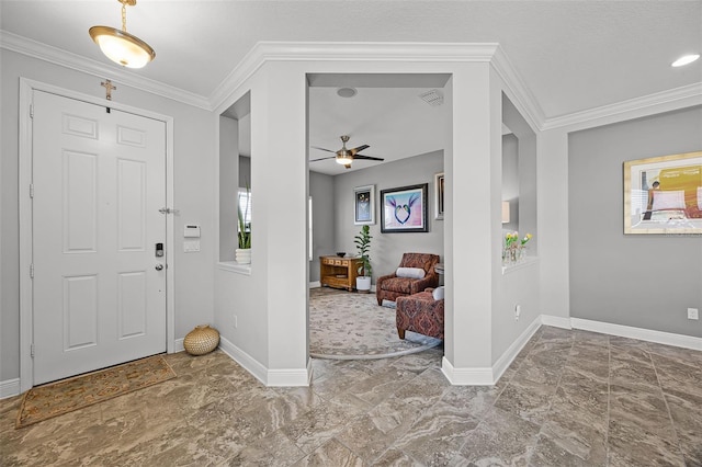 15208 Lake Claire Overlook Dr, Winter Garden, FL 34787 - entryway featuring ceiling fan, baseboards, and ornamental molding