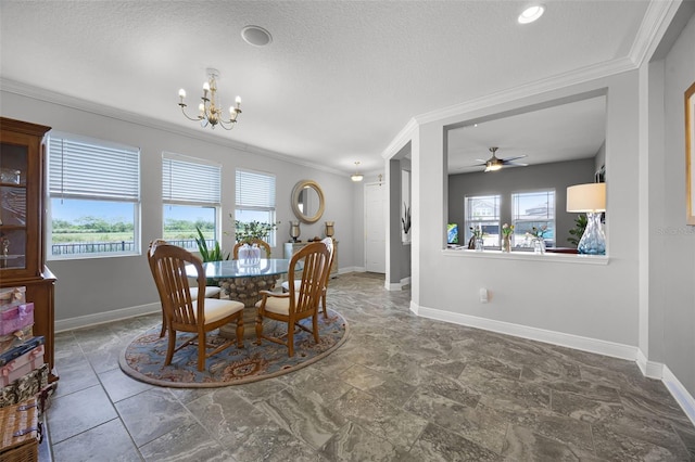 15208 Lake Claire Overlook Dr, Winter Garden, FL 34787 - dining area with a chandelier, crown molding, baseboards, stone finish floors, and ceiling fan