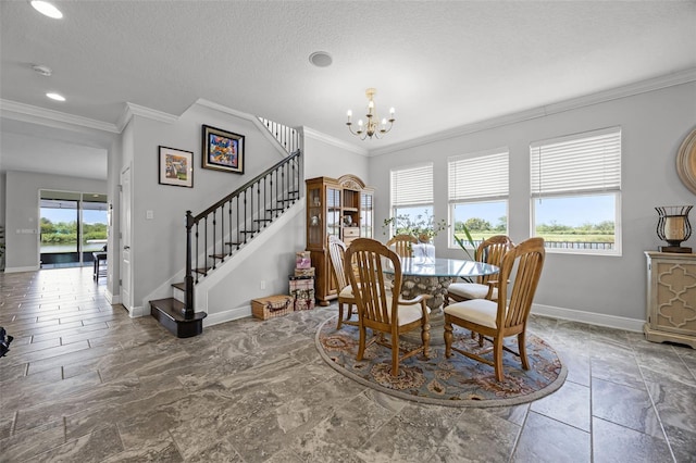 15208 Lake Claire Overlook Dr, Winter Garden, FL 34787 - dining space featuring crown molding, healthy amount of natural light, baseboards, stairs, and a chandelier