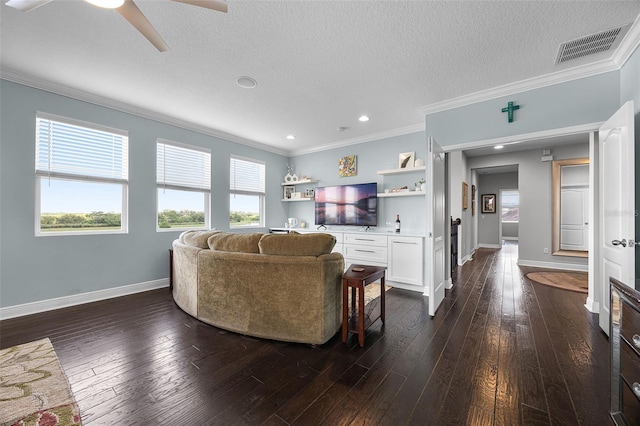 15208 Lake Claire Overlook Dr, Winter Garden, FL 34787 - living room featuring crown molding, baseboards, dark wood finished floors, a textured ceiling, and ceiling fan