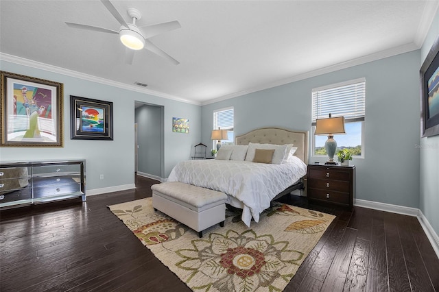 15208 Lake Claire Overlook Dr, Winter Garden, FL 34787 - bedroom with baseboards, hardwood / wood-style flooring, ornamental molding, and ceiling fan