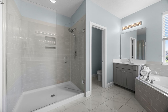15208 Lake Claire Overlook Dr, Winter Garden, FL 34787 - full bath with a stall shower, toilet, vanity, a bath, and marble look tiles