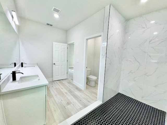 152 W Diego Pl, Citrus Springs, FL 34434 - bathroom with toilet, wood finished floors, double vanity, a shower, and recessed lighting
