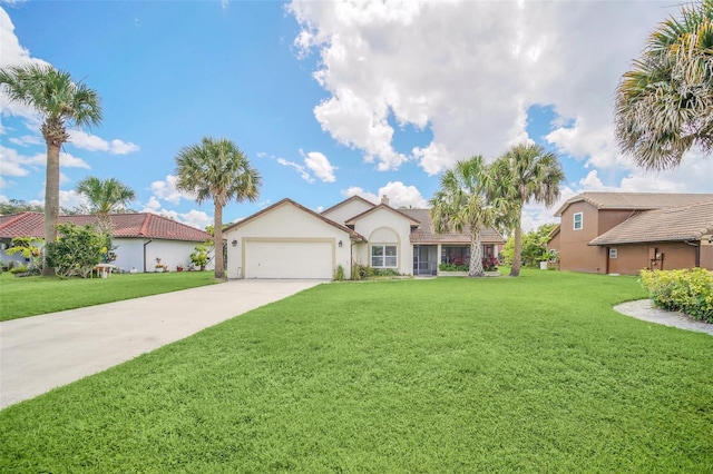 single story home with a front lawn, a garage, stucco siding, and concrete driveway