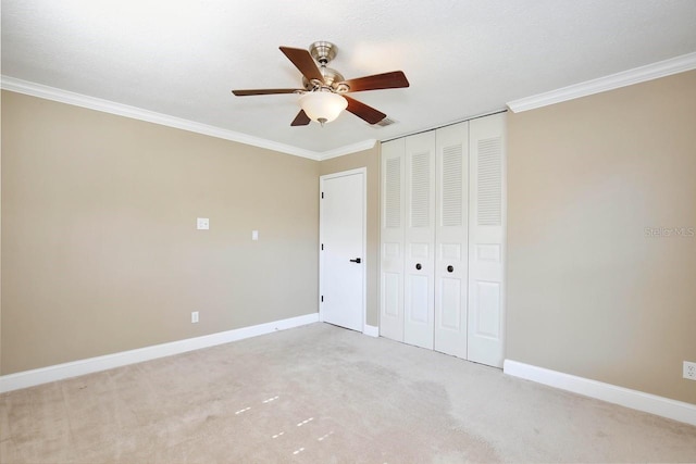 2320 Wekiva Ridge Rd, Apopka, FL 32712 - unfurnished bedroom with crown molding, a closet, baseboards, light carpet, and ceiling fan