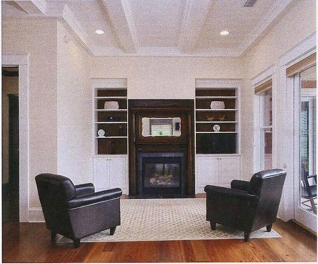 11317 NW 199th Ave, Alachua, FL 32615 - living area with built in features, wood finished floors, coffered ceiling, beamed ceiling, and a glass covered fireplace