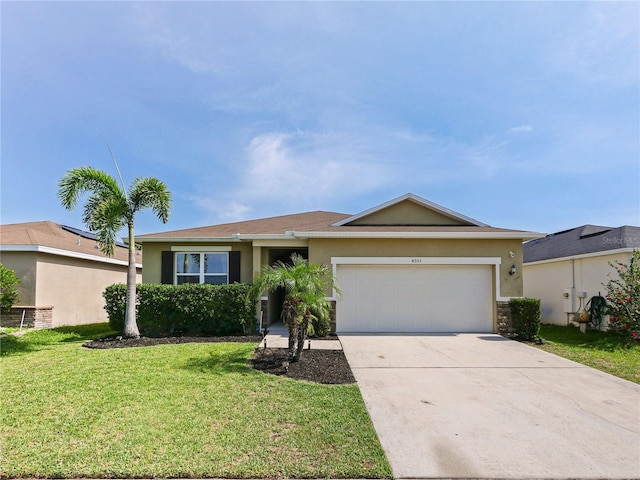 4553 Baler Trails Dr, Saint Cloud, FL 34772 - ranch-style house featuring a garage, a front lawn, driveway, stucco siding, and stone siding