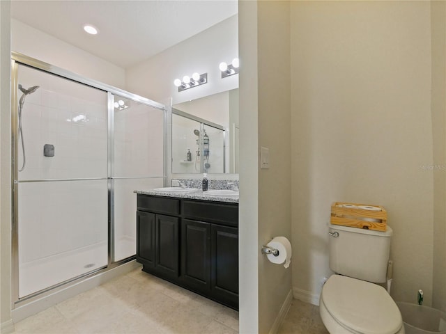 4553 Baler Trails Dr, Saint Cloud, FL 34772 - bathroom with a stall shower, toilet, double vanity, and tile patterned flooring