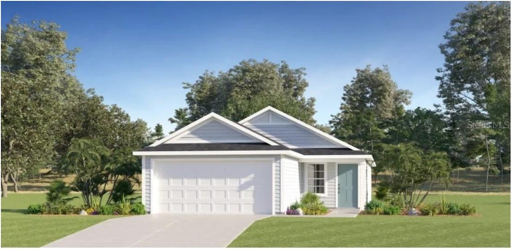 single story home featuring a front yard, a garage, and concrete driveway