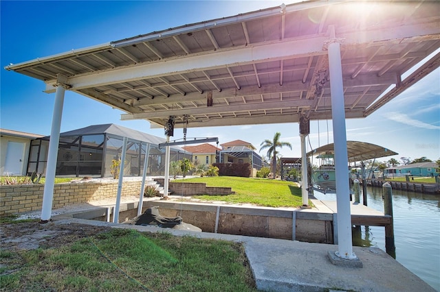 1933 Oregon Trl, Englewood, FL 34224 - view of patio featuring a water view, a dock, a residential view, and a lanai