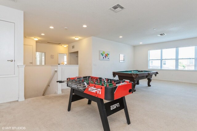 7017 Oakwood St, Davenport, FL 33837 - playroom with light carpet, recessed lighting, pool table, and baseboards
