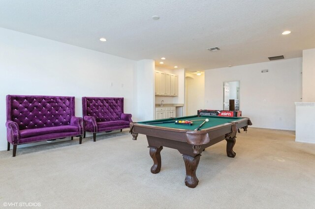 7017 Oakwood St, Davenport, FL 33837 - playroom with light colored carpet, pool table, recessed lighting, and a sink