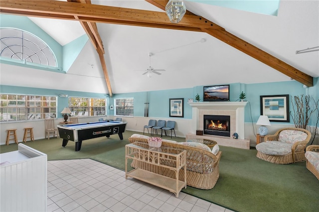 2020 Royal Bay Blvd Unit 91, Kissimmee, FL 34746 - game room with carpet, beamed ceiling, a tiled fireplace, high vaulted ceiling, and pool table