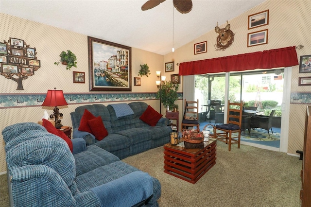 2021 Wildfire Ct, Apopka, FL 32703 - carpeted living area featuring wallpapered walls, lofted ceiling, a ceiling fan, and wainscoting