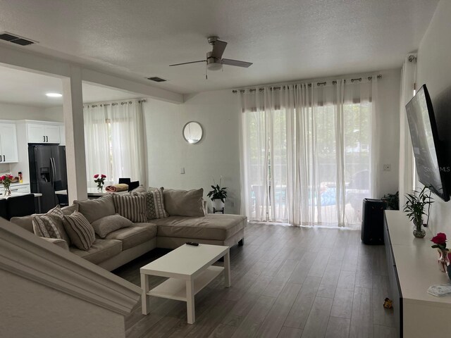 17614 Woodcrest Way, Clermont, FL 34714 - living area with a ceiling fan, plenty of natural light, dark wood-style floors, and a textured ceiling