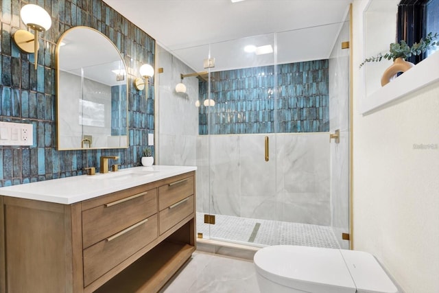 203 Driftwood Dr W, Palm Harbor, FL 34683 - full bathroom featuring vanity, a stall shower, toilet, and tile walls