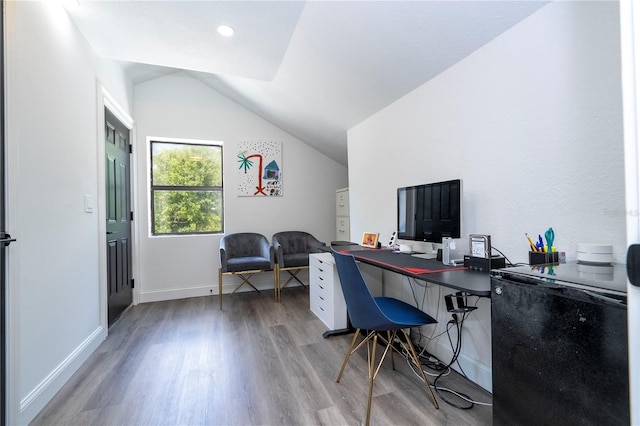 6917 Roman Ct, Clermont, FL 34714 - office area with light wood-type flooring, lofted ceiling, and baseboards